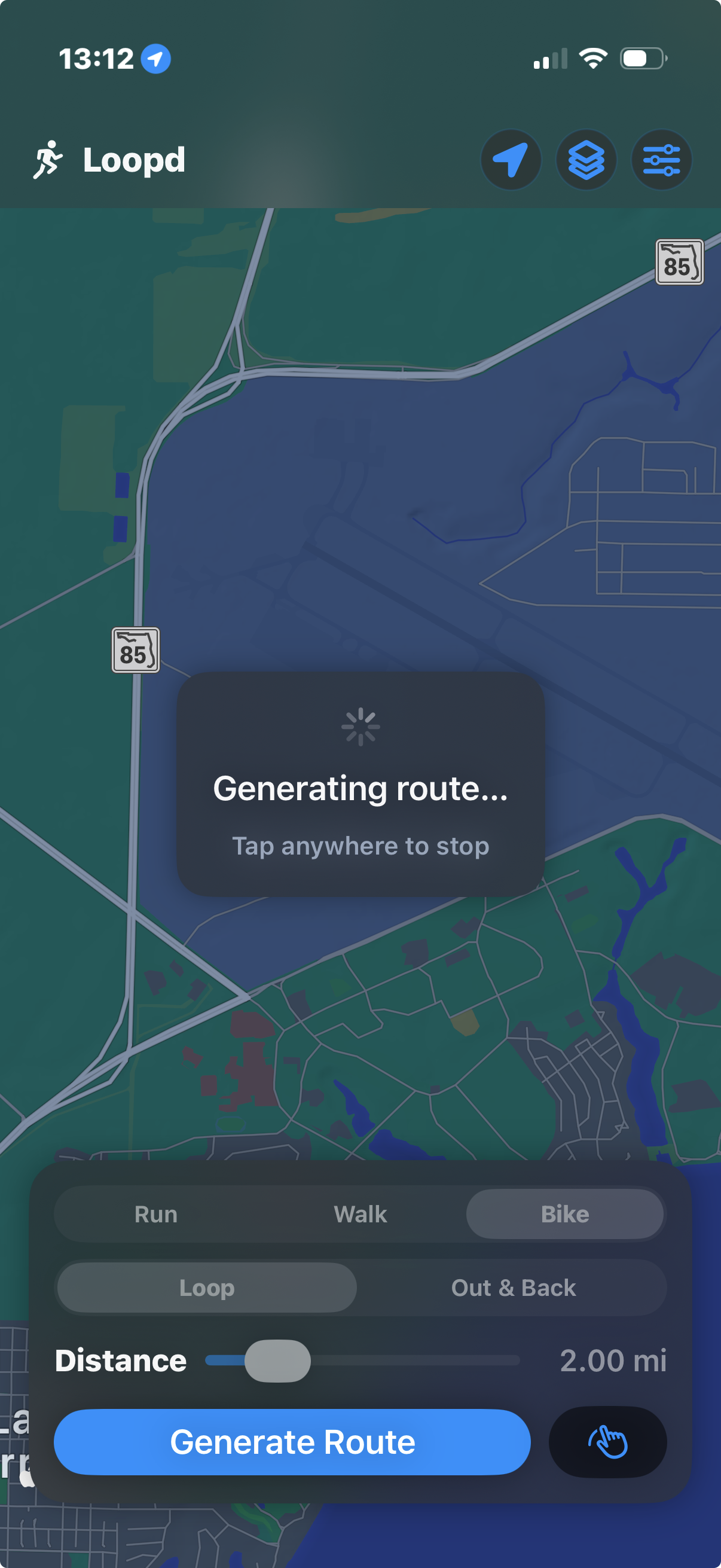 Loopd generating a two-mile route