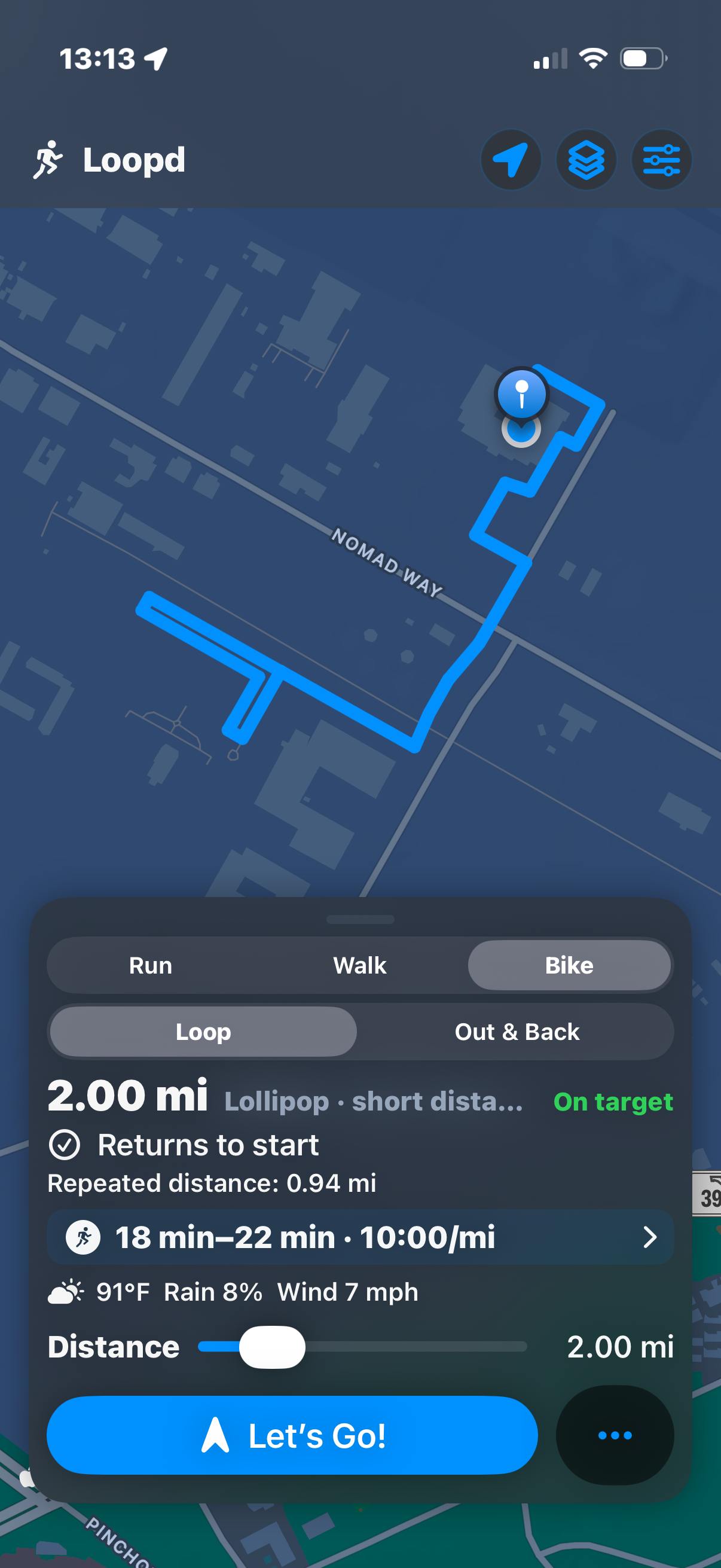 Loopd displaying a generated two-mile loop with time, pace, and weather
